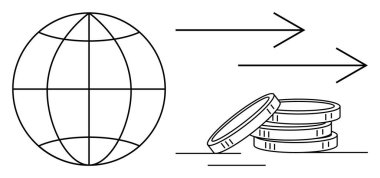 Küresel illüstrasyon, birikmiş paralar ve uluslararası para transferini gösteren ileri oklar. Küresel ekonomi, bankacılık, fintech, e-ticaret, yatırımlar çevrimiçi ödemeler için ideal. Basit.