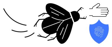 Uçan sinek, parmak izi tasarımlı bir kalkanın yakınındaki ezici hareketten kaçınır. Haşere kontrolü, hijyen, koruma, hassasiyet, hızlı tepki, güvenlik önlemleri, basit düz metafor