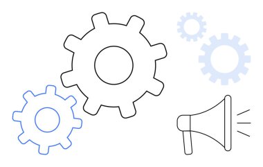 Ekip çalışması, süreç ve etkili iletişimi vurgulamak için dişliler bir megafonla bağlanır. İş için ideal, yenilik, takım çalışması, pazarlama stratejisi, liderlik, işbirliği basit daire