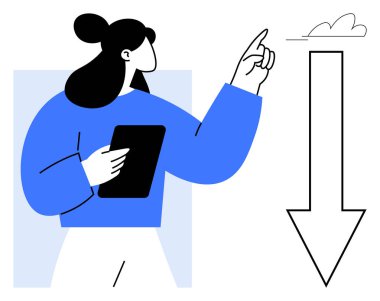 Tableti aşağıya doğru ok ile işaret eden kadın, bulut bilgisayarı, indirme, teknoloji, iletişim, yenilik, ağ oluşturma, uzaktan çalışma ve veri depolamayı sembolize ediyor. En düşük düz