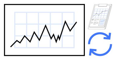 Yükselen çizgi grafiği, şebeke arka planı veri analizli belge panosu ve mavi döngü okları olan çizelge. İş stratejisi, analitik, ilerleme, büyüme, tahmin verimliliği için ideal basit