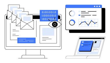 Masaüstünde e-posta yönetimi, gösterge panelinde veri görselleştirmesi ve dizüstü etkinliği içeren dijital çalışma alanı. Veri analizi, izleme, siber güvenlik, iletişim ve verimlilik için ideal