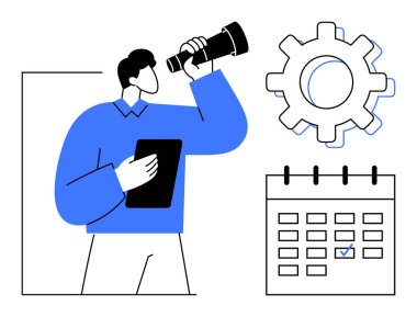 Elinde teleskop ve tablet bulunan kişi, işaretli bir tarih ve takvimin yanında. Planlama, strateji, vizyon, yönetim, organizasyon, üretkenlik, geleceksel düşünce için ideal. Basit.