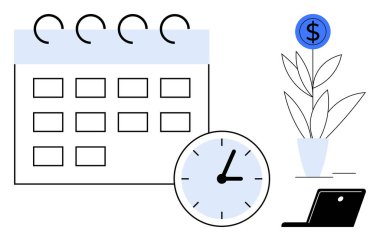 Takvim, saat, dizüstü bilgisayar ve dolar işaretli bitki takvimi, verimliliği, zaman takibi, finansal büyüme organizasyonunu sembolize ediyor. İş stratejisi için ideal