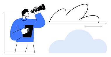 Tablet tutan ve teleskopla bulutlara bakan adam. Basit düz metafordaki keşif, vizyon, planlama, strateji, tahmin, yenilik ve gökyüzü gözlemleme kavramları için idealdir