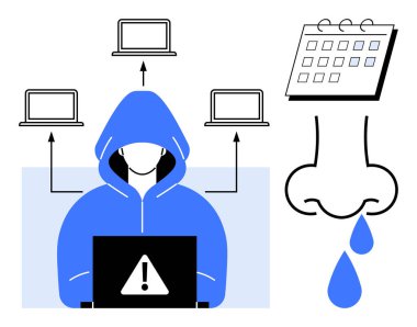 Kapüşonlu bilgisayar korsanı uyarı işareti olan dizüstü bilgisayar kullanıyor, dizüstü bilgisayarları birbirine bağlayan oklar, damlayan takvim sıvısı. Siber güvenlik, hackleme, veri sızıntısı, kırılganlık, dijital riskler, kötü niyetli faaliyet için ideal