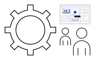 Dişlileri temsil etme süreci, veri tablolarını görüntüleme ekranı, işbirliği yapan iki şekil. Takım çalışması, süreç iyileştirmesi, teknoloji, iş akışı, analiz, üretkenlik için ideal basit düz metafor