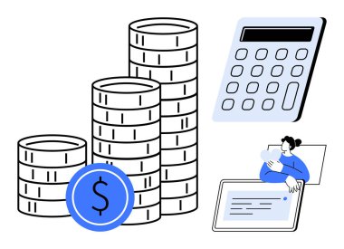 Birikmiş madeni paralar, hesap makinesi ve tablet üzerindeki belgeleri analiz eden kişi finans yönetimi, tasarruf, bütçe, yatırım, muhasebe, dijital finans araçları ve finansal okur yazarlığı temsil etmektedir. Basit.