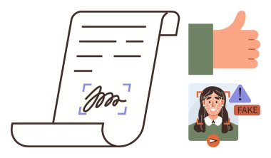 Doğrulanmış imzalı belge, şüpheli yüzlü sahte kimlik uyarısı ve onay belgesi. Güvenlik, dolandırıcılık önleme, doğrulama, kimlik doğrulama, güven, şeffaflık kuralı için ideal