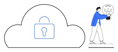 Merkezinde bulut güvenliğini simgeleyen bir kilit olan büyük bulut şekli. Bir yanda, bir adam parlak bir ampul taşıyor, yenilik öneriyor. Teknoloji için ideal, dijital koruma, yenilik