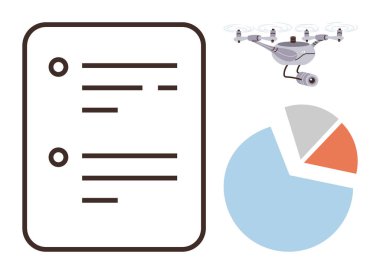 Kontrol listesinin minimal tasarımı, kamera donanımlı dörtgen ve pasta grafiği. Veri analizi, teknoloji sinerjisi, lojistik izleme, planlama yeniliği ve strateji için ideal. Basit düz metafor