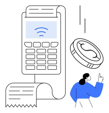 POS terminali bağlantısız ödeme yapıyor, fatura çıkıyor. Büyük para para parayı sembolize eder. Kişiler yukarı doğru hareket eder. Finans, temassız işlemler, perakende, yenilik ve teknoloji için ideal