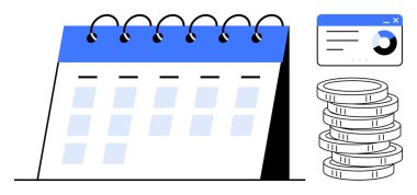 Vurgulanmış tarihli masa takvimi, tarayıcı penceresinde mali tablo ve istiflenmiş paralar. Planlama, bütçe, finans, organizasyon, yönetim birikimlerini planlamak için ideal. Basit düz