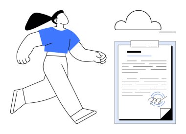 Basit bir bulut altında, imzalı bir belgenin yanında duran bir kadın. Güven, ilerleme, anlaşma, sözleşme, hedef belirleme, başarı ve karar verme için idealdir. Temiz