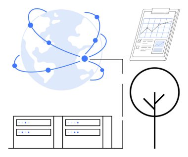 Küre veri noktaları, sunucular, analitik pano, minimalist ağaç aracılığıyla birbirine bağlı. Teknoloji, veri alışverişi, ağ oluşturma, çevresel sürdürülebilirlik analizleri küresel etki için idealdir. Basit.