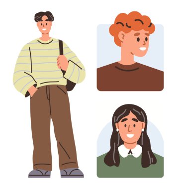 Çantalı sıradan giysili bir kişi, iki arkadaş figürünün fotoğraflarının yanında güvenle poz verir. Toplum, çeşitlilik, moda, arkadaşlık, sosyal medya, profil ve kapsama için idealdir. Basit düz