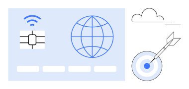 Mikroçip ve küre küresel dijital bağlantıyı sembolize ederken, dartlar hedefi tam isabet ettiriyor. Teknoloji, yenilik, veri transferi, İnternet, doğruluk, hedefler, modern