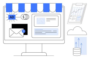 E-ticaret platformu e-posta bildirimi, reklamlar, mali işlemler, analitikler ve bulut veri akışı. Çevrimiçi iş, iletişim, finans, analitik ağ pazarlama için ideal