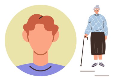 Genç bir adamın yüzü olmayan portresi bastonlu yaşlı bir kadının yanında beliriyor. Yaşlanma, çeşitlilik, bakım, aile dinamikleri, bağlantı, nesiller arası temalar için ideal, basit düz