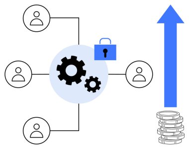 Dört kullanıcıyı birbirine bağlayan merkezi bir merkezde dişli mekanizması, güvenlik için mavi kilit, büyüme için yukarı doğru ok, ve karlılığı sembolize eden bir yığın para. Takım çalışması, güvenlik, ilerleme ve büyüme için ideal