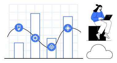 Mevsimsel sembollü çubuk grafik, yükselen ve azalan trend çizgileri, dizüstü bilgisayarda çalışan bir kadın ve bulut. Veri analizi, uzaktan çalışma, hava tahmini, verimlilik ve istatistik için ideal