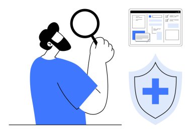 Büyüteç tutan adam, analitik planlı dijital ekran ve çapraz zırhlı tıbbi kalkan. Veri analizi, sağlık, koruma, araştırma, çevrimiçi platformlar, teknoloji ve güvenlik için ideal
