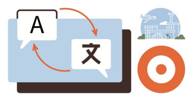 Konuşma baloncukları, dil değiş tokuşu okları, havaalanı üzerinde uçak, hedef sembol. Çeviri, küreselleşme, iletişim, seyahat, dilbilimsel teknoloji kültürel bağlantı için idealdir. Basit.