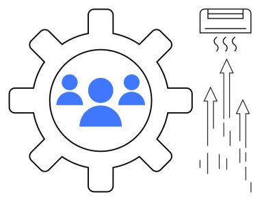 Mavi takım simgelerine sahip vites takım çalışmasını ve verimliliği sembolize eder. Oklar büyüme ve ilerleme gösterirken, hava akışı iş yeri rahatlığını temsil ediyor. Üretkenlik, takım çalışması ve yenilik için ideal