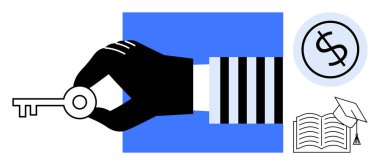 Siyah el anahtarı, dolar işareti simgesi ve mezuniyet şapkası. Eğitim, finans, büyüme, fırsat, yatırım başarısı için idealdir. Basit düz metafor