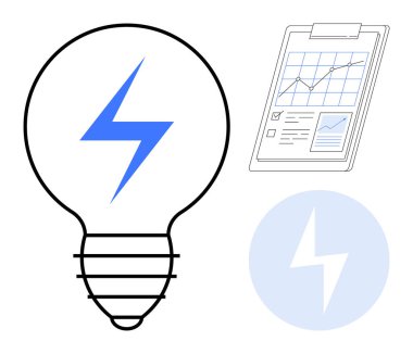 İçinde mavi bir civata olan ampul, veri grafiği gösteren pano ve enerji cıvata simgesi. Yenilik, analiz, fikirler, enerji, üretkenlik gelişimi için idealdir. Basit düz