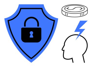 Siyah kilidi olan mavi kalkan, serveti simgeleyen para ve yenilik için ışık yıldırımlı insan kafası. Güvenlik, finans, yenilik, mahremiyet, teknoloji koruma eğitimi için idealdir. Basit düz