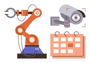 Robotik kol çalışması, güvenlik kamerası izleme ve otomasyonu, gözetlemeyi ve planlamayı sembolize eden bir takvim. Teknoloji, endüstri, güvenlik ve üretkenlik zamanlaması için ideal