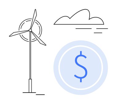 Rüzgar türbini, bulut ve dolar sembolü sürdürülebilir enerji, temiz çevre ve ekonomik etkiyi temsil ediyor. Yenilenebilir enerji, sürdürülebilirlik, temiz enerji ve çevreci finans için ideal