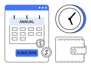 Abone takvimi, dolar sikkeleri, zaman yönetimini vurgulayan saat ve ödeme için minimalist cüzdan. Finans, tasarruf, abonelik ve bütçe için ideal