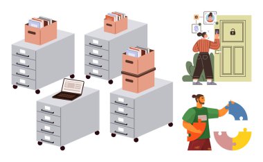 Evrakların olduğu dolaplar, üstünde dizüstü bilgisayarlar, kapı kilitleyen insanlar ve başka bir yapboz parçaları. Organizasyon, güvenlik, takım çalışması, veri yönetimi, işbirliği verimliliği için ideal