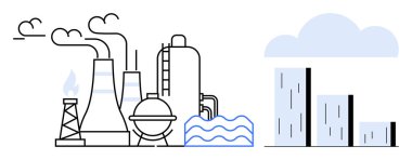 Duman, bacalar, tanklar, şehir binaları, su dalgaları ve bulutlar yayan fabrika. Kirlilik için ideal, endüstri şehri büyüme çevre enerji kentleşme sürdürülebilirlik temaları. Modern basit