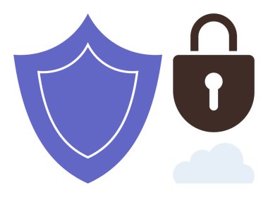 Kalkan, asma kilit ve bulut gizlilik, çevrimiçi güvenlik ve siber güvenliği simgeliyor. Teknoloji, veri güvenliği, çevrimiçi koruma, gizlilik kavramları için idealdir.