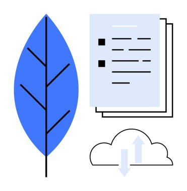 Mavi yaprak, kontrol listeli bir yığın belge ve oklu bulut çevre dostu teknoloji ve kağıtsız çözümler taşıyor. Sürdürülebilirlik, dijital dönüşüm ve bulut depolama için ideal