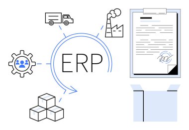 Fabrika, nakliye kamyonu, vites, belge, ambalaj ve işlem akışıyla çevrili ERP entegrasyonu. İş yönetimi, lojistik, verimlilik otomasyon tedarik zinciri imalatı için ideal