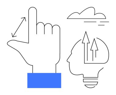 Uzayı ölçen el hareketi, kafasında oklar olan kafayla fikirler, büyüme ve bulut öneriyor. Yaratıcılık, yenilik, problem çözme, karar verme, strateji, teknoloji gelecekteki vizyon için ideal