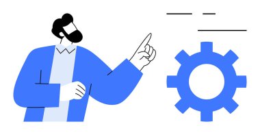 Adam mavi dişlilere dikkat çekiyor, takım çalışmasını, süreci, fikirleri, yeniliği ve teknolojiyi sembolize ediyor. İş için ideal, strateji işbirliği liderlik eğitimi yeniliği. Basit düz