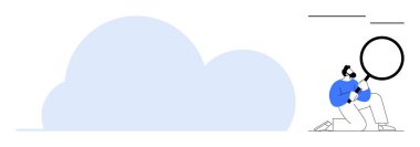 Büyüteçle diz çökmüş biri büyük bir bulutu inceliyor. Bulut hesaplama, veri analizi, araştırma, teknoloji, dijital yenilik, problem çözme ve kavramsal keşif için idealdir. A