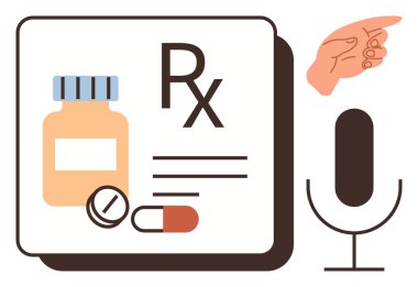 İlaç şişesi, hap, Rx sembolü, mikrofon ve el hareketi çevrimiçi sağlık, ilaç, tele sağlık, dijital reçeteler, uzaktan muayeneler ve erişilebilir sağlık hizmetlerini işaret ediyor