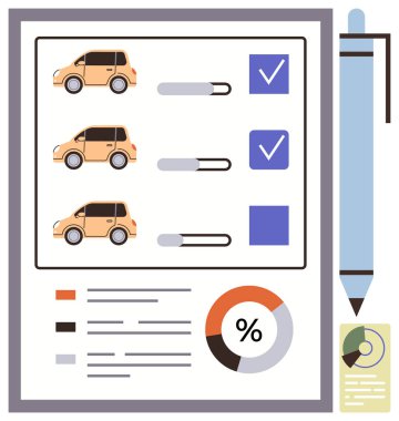 Araba seçeneklerini gösteren çizelge, karşılaştırma için kaydıraklar, seçim için seçilen kutular ve veri analizi için bir pasta tablosu. Karar verme, analiz, araba yönetimi, değerlendirme ve veri takibi için ideal