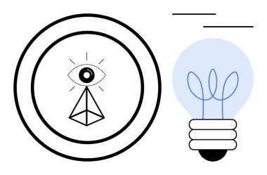 Eş merkezli daireler içindeki geometrik göz ve bitki filizli ampul görüşü, yaratıcılığı ve büyümeyi sembolize eder. Yenilik için ideal, ilham, sürdürülebilirlik, fikir üretimi, öngörü