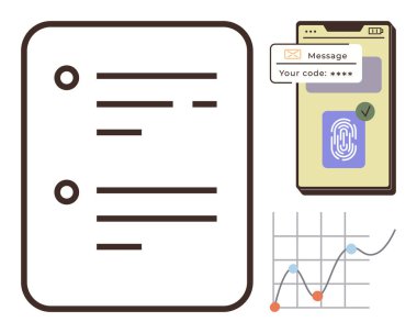 Parmak izi ve OTP göstergesi olan akıllı telefon ekranının yanındaki belge ve kontrol listesi performans grafiğinin altında. Güvenlik, analitik, doğrulama, kimlik doğrulama, yönetim, teknoloji için ideal