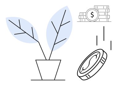 İki yapraklı saksı bitkisi, bir yığın bozuk para ve düşen para. Finans, yatırım, büyüme, tasarruf, sürdürülebilirlik refah yaratma ekonomik planlama için idealdir. Basit düz metafor