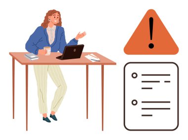 Dizüstü bilgisayarı, kahvesi, kontrol listesi ve alarm ikonu olan profesyonel bir kadın. İletişim, üretkenlik, risk yönetimi, takım çalışması, görev organizasyonu basit düz metafor planlaması için ideal