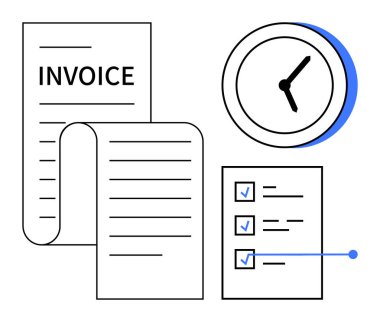 Detaylı içeriği olan fatura, işaretli kontrol listesi ve zamanı, görev yönetimini ve finansal planlamayı sembolize eden bir saat. Üretkenlik, fatura, organizasyon, programlama için ideal