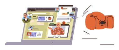 Video görüşmeleri, grafikler, online buluşma araçları ve çatışmayı simgeleyen boks eldivenli dizüstü bilgisayar ekranı. Takım çalışması için ideal, uzak çalışma, zorluklar, çevrimiçi etkileşim, teknoloji üretkenliği